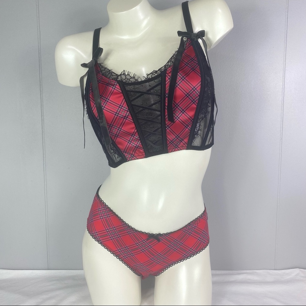 VS Unlined Plaid Lace-Up Corset Top(M) and Panty(S)Set